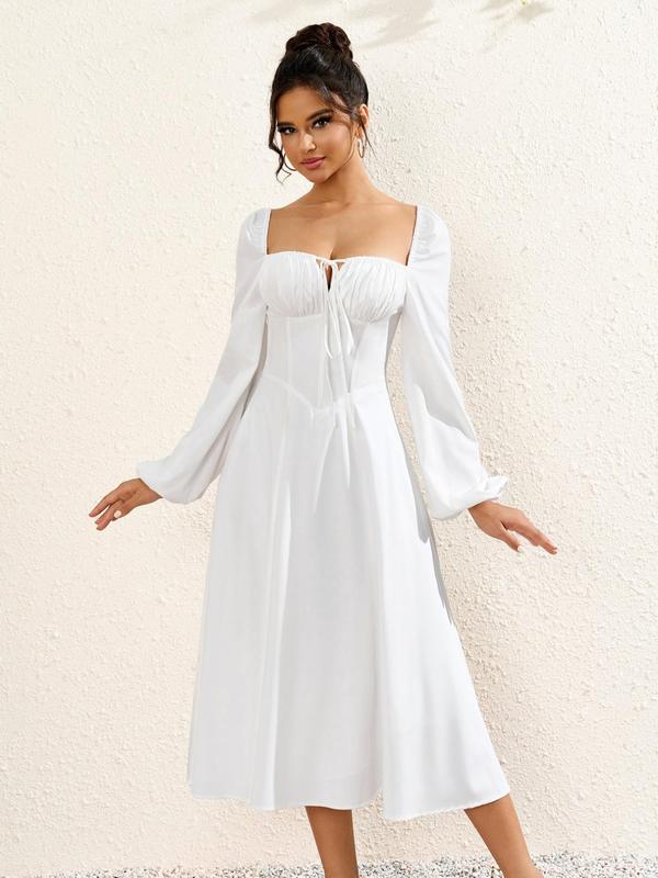 Women's Plain Lace Up Backless Tie Front A Line Dress, Elegant Bishop Sleeve Square Neck Long Dress for Party Holiday Wedding Guest, Ladies Spring & Fall Clothes